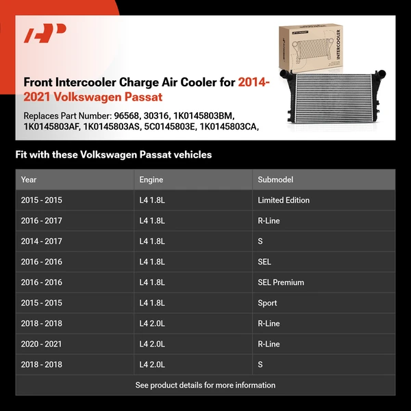 Front Intercooler Charge Air Cooler for 2014-2021 Volkswagen Passat