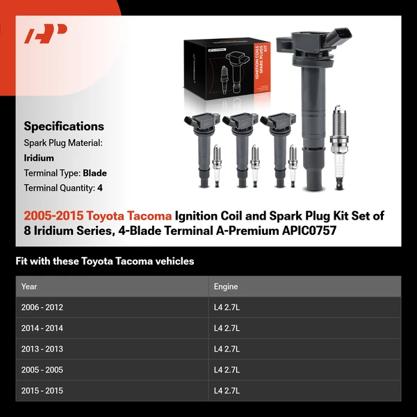 2005-2015 Toyota Tacoma Ignition Coil and Spark Plug Kit Set of 8 Iridium Series, 4-Blade Terminal A-Premium APIC0757