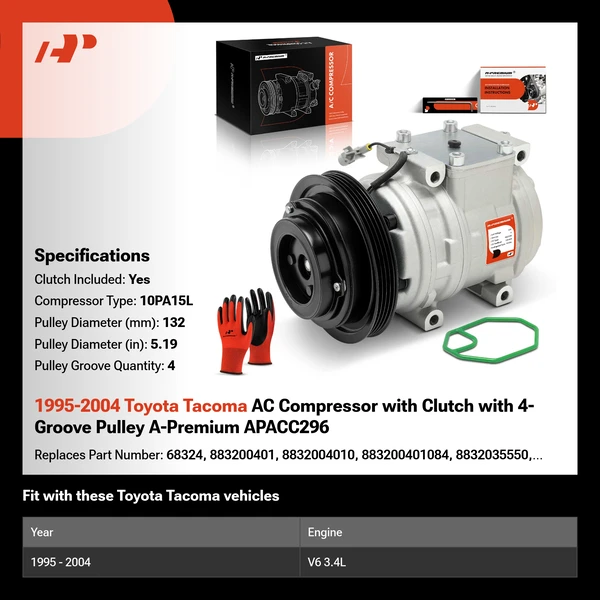 1995-2004 Toyota Tacoma AC Compressor with Clutch with 4-Groove Pulley A-Premium APACC296