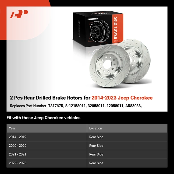 2 Pcs Rear Drilled Brake Rotors for 2014-2023 Jeep Cherokee