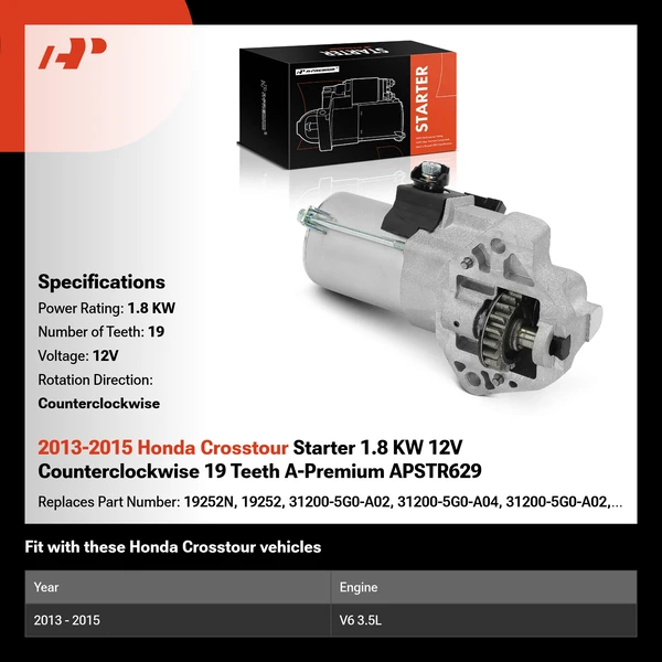 2013-2015 Honda Crosstour Starter 1.8 KW 12V Counterclockwise 19 Teeth A-Premium APSTR629