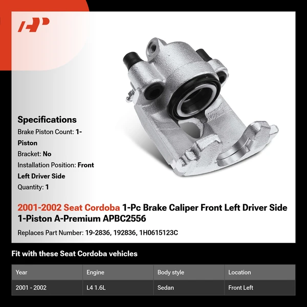 2001-2002 Seat Cordoba 1-Pc Brake Caliper Front Left Driver Side 1-Piston A-Premium APBC2556