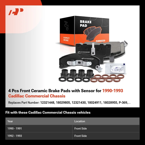 4 Pcs Front Ceramic Brake Pads with Sensor for 1990-1993 Cadillac Commercial Chassis