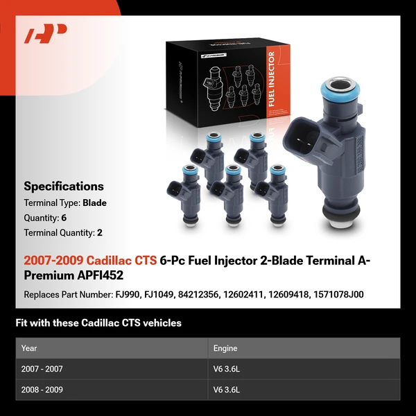 2007-2009 Cadillac CTS 6-Pc Fuel Injector 2-Blade Terminal A-Premium APFI452