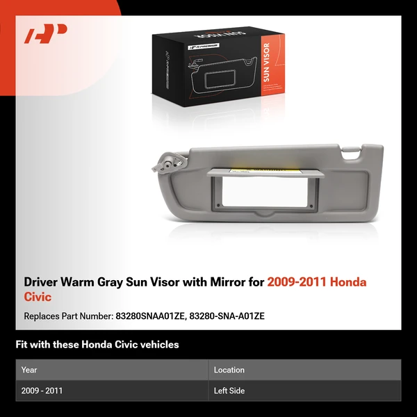 Driver Warm Gray Sun Visor with Mirror for 2009-2011 Honda Civic