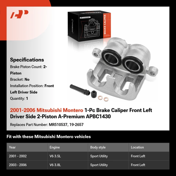 2001-2006 Mitsubishi Montero 1-Pc Brake Caliper Front Left Driver Side 2-Piston A-Premium APBC1430
