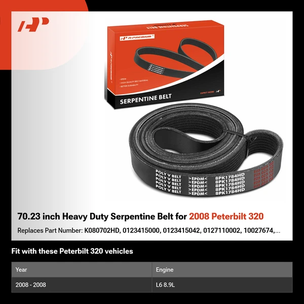 70.23 inch Heavy Duty Serpentine Belt for 2008 Peterbilt 320