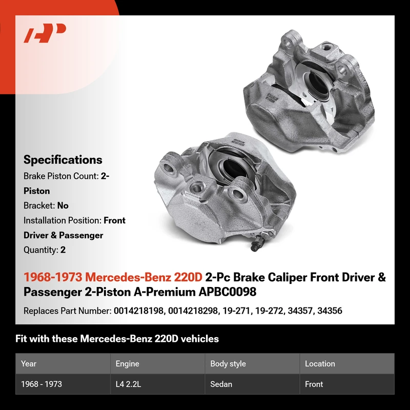 1968-1973 Mercedes-Benz 220D 2-Pc Brake Caliper Front Driver & Passenger 2-Piston A-Premium APBC0098