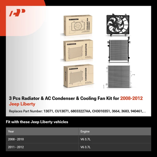 3 Pcs Radiator & AC Condenser & Cooling Fan Kit for 2008-2012 Jeep Liberty