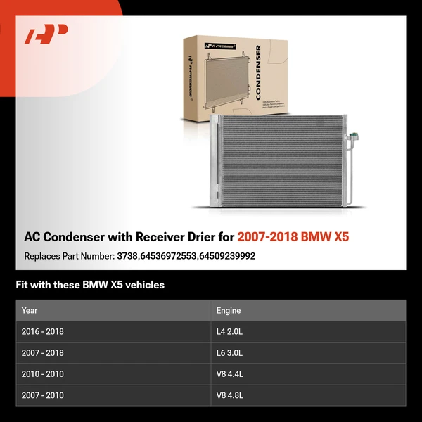 AC Condenser with Receiver Drier for 2007-2018 BMW X5