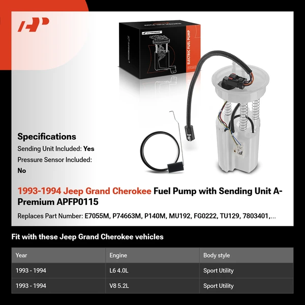 1993-1994 Jeep Grand Cherokee Fuel Pump with Sending Unit A-Premium APFP0115
