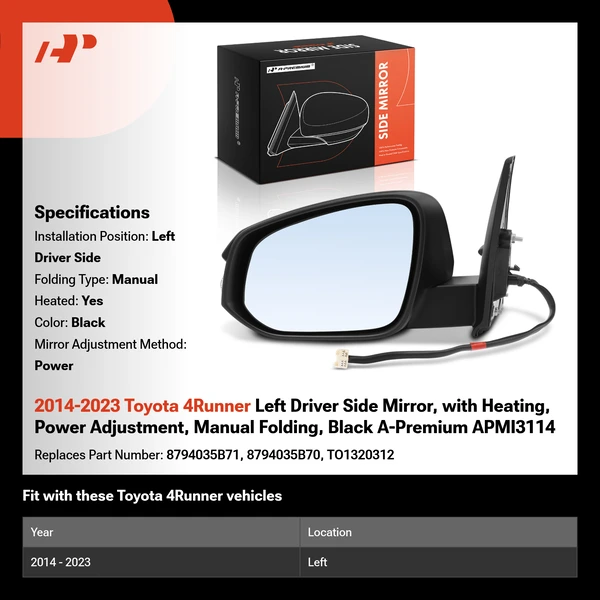 2014-2023 Toyota 4Runner Left Driver Side Mirror, with Heating, Power Adjustment, Manual Folding, Black A-Premium APMI3114