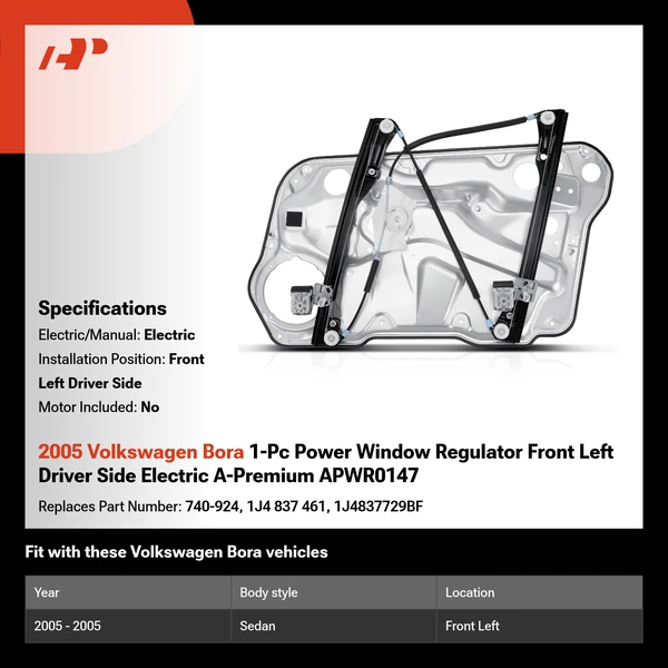 2005 Volkswagen Bora 1-Pc Power Window Regulator Front Left Driver Side Electric A-Premium APWR0147