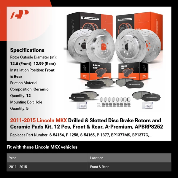 2011-2015 Lincoln MKX Drilled & Slotted Disc Brake Rotors and Ceramic Pads Kit, 12 Pcs, Front & Rear, A-Premium, APBRPS252