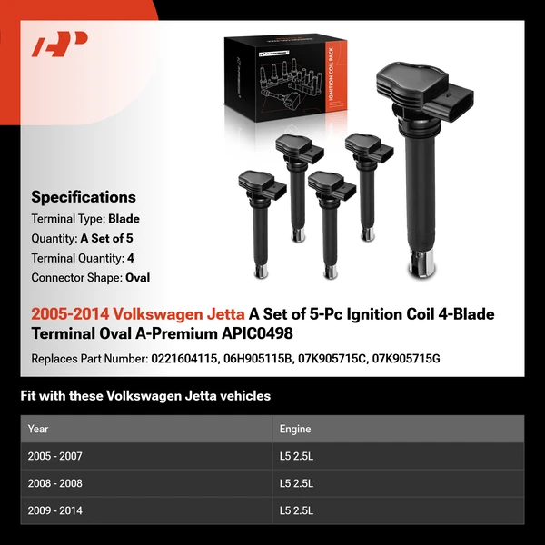 2005-2014 Volkswagen Jetta A Set of 5-Pc Ignition Coil 4-Blade Terminal Oval A-Premium APIC0498