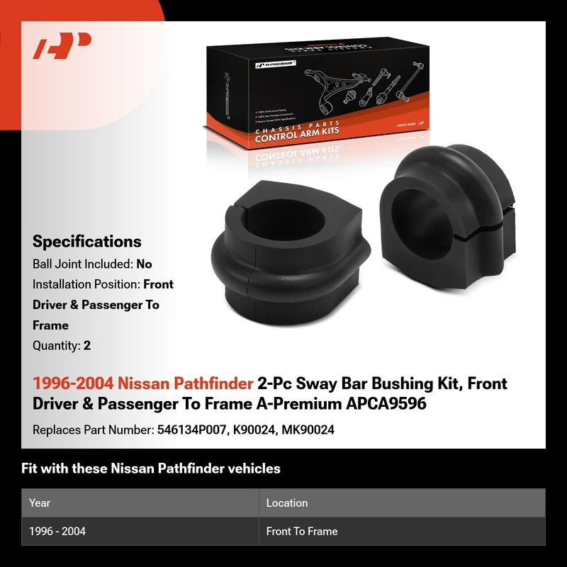 1996-2004 Nissan Pathfinder 2-Pc Sway Bar Bushing Kit, Front Driver & Passenger To Frame A-Premium APCA9596