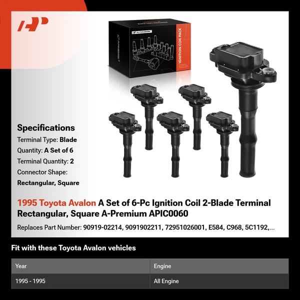 1995 Toyota Avalon A Set of 6-Pc Ignition Coil 2-Blade Terminal Rectangular, Square A-Premium APIC0060