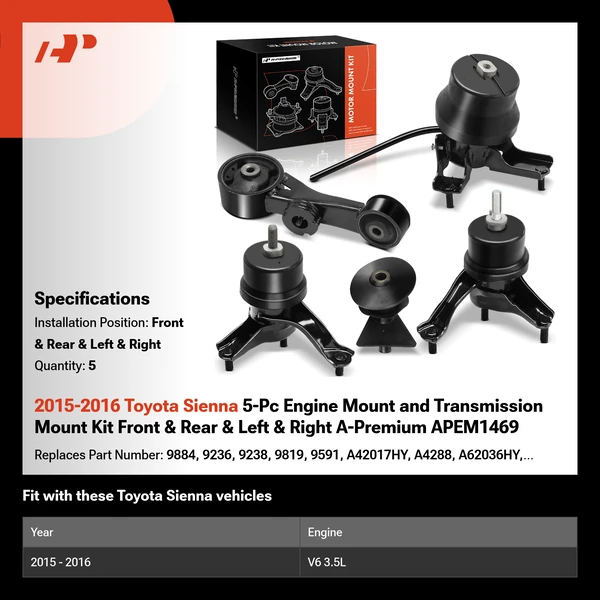 2015-2016 Toyota Sienna 5-Pc Engine Mount and Transmission Mount Kit Front & Rear & Left & Right A-Premium APEM1469