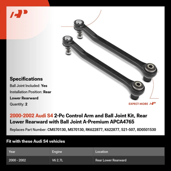 2000-2002 Audi S4 2-Pc Control Arm and Ball Joint Kit, Rear Lower Rearward with Ball Joint A-Premium APCA4765
