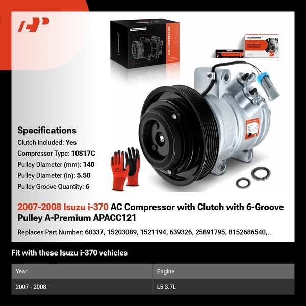 2007-2008 Isuzu i-370 AC Compressor with Clutch with 6-Groove Pulley A-Premium APACC121