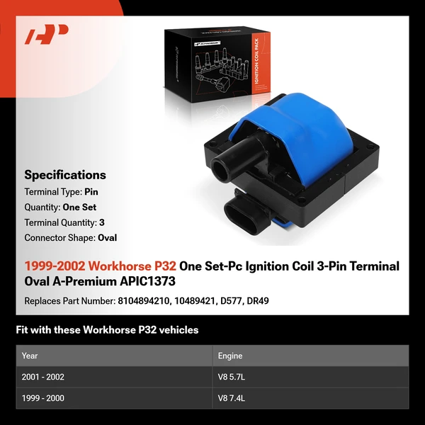 1999-2002 Workhorse P32 One Set-Pc Ignition Coil 3-Pin Terminal Oval A-Premium APIC1373