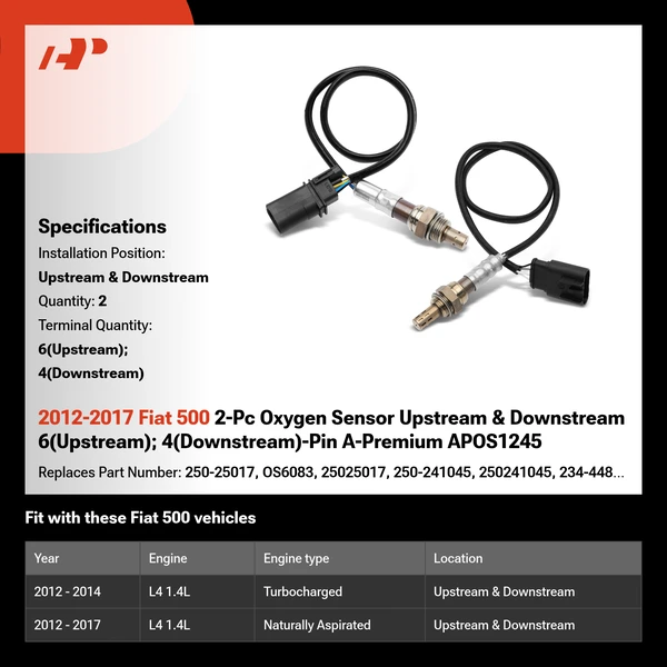 2012-2017 Fiat 500 2-Pc Oxygen Sensor Upstream & Downstream 6(Upstream); 4(Downstream)-Pin A-Premium APOS1245
