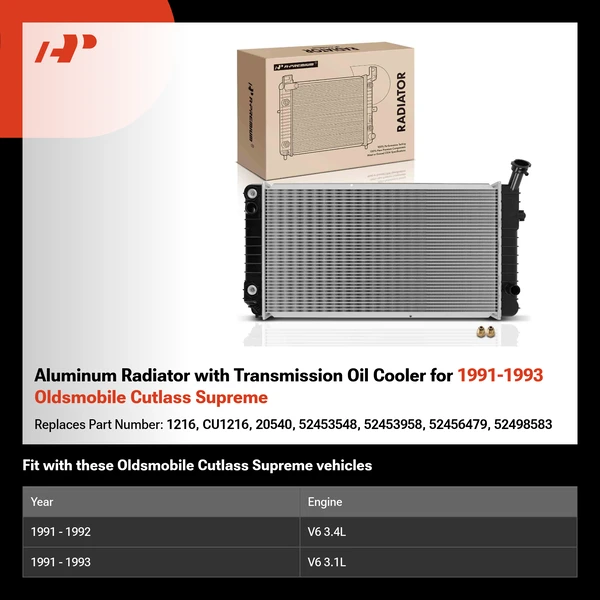 Aluminum Radiator with Transmission Oil Cooler for 1991-1993 Oldsmobile Cutlass Supreme