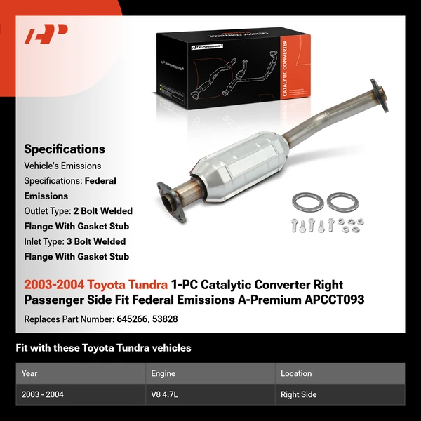 2003-2004 Toyota Tundra 1-PC Catalytic Converter Right Passenger Side Fit Federal Emissions A-Premium APCCT093