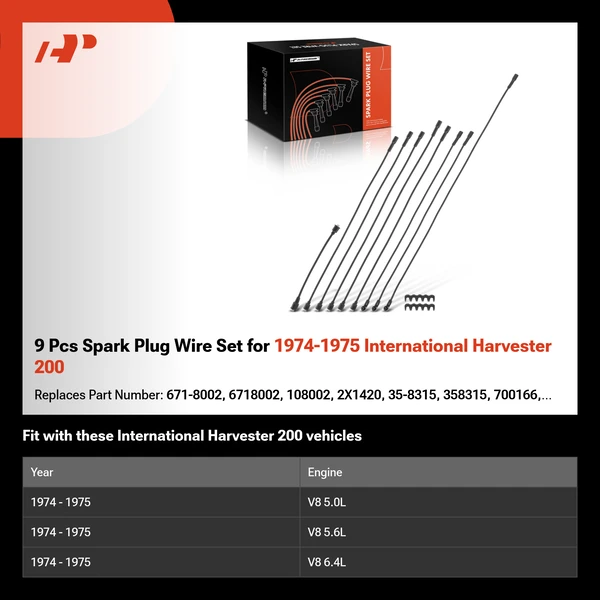 9 Pcs Spark Plug Wire Set for 1974-1975 International Harvester 200
