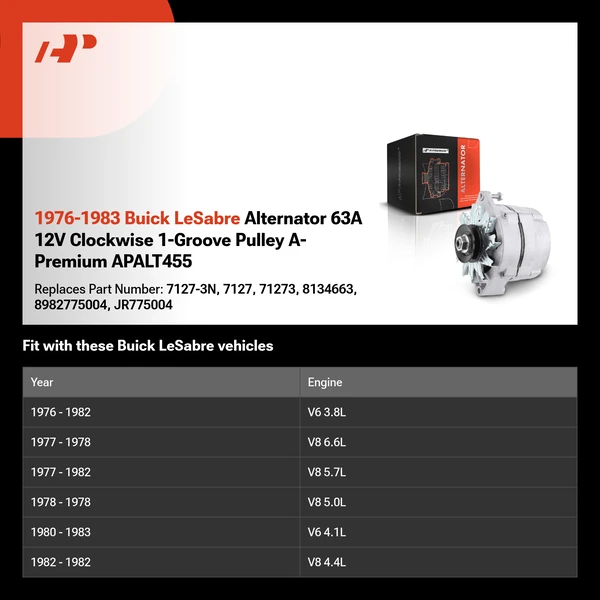 1976-1983 Buick LeSabre Alternator 63A 12V Clockwise 1-Groove Pulley A-Premium APALT455