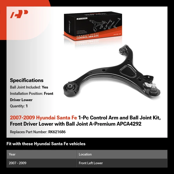2007-2009 Hyundai Santa Fe 1-Pc Control Arm and Ball Joint Kit, Front Driver Lower with Ball Joint A-Premium APCA4292