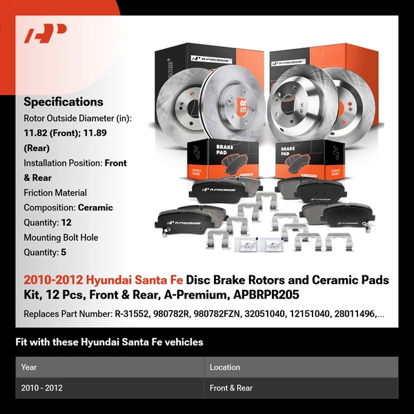 2010-2012 Hyundai Santa Fe Disc Brake Rotors and Ceramic Pads Kit, 12 Pcs, Front & Rear, A-Premium, APBRPR205
