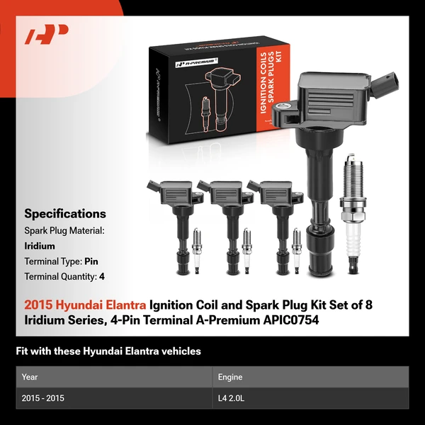 2015 Hyundai Elantra Ignition Coil and Spark Plug Kit Set of 8 Iridium Series, 4-Pin Terminal A-Premium APIC0754
