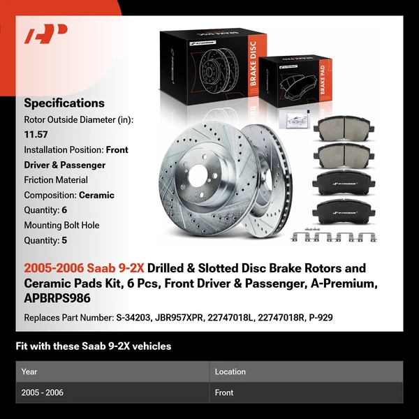 2005-2006 Saab 9-2X Drilled & Slotted Disc Brake Rotors and Ceramic Pads Kit, 6 Pcs, Front Driver & Passenger, A-Premium, APBRPS986