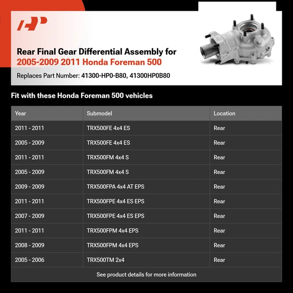 Rear Final Gear Differential Assembly for 2005-2009 2011 Honda Foreman 500