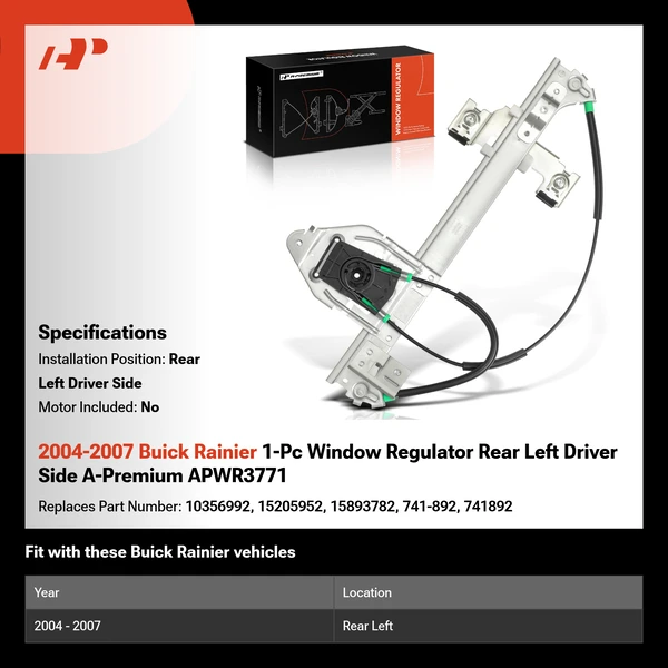 2004-2007 Buick Rainier 1-Pc Window Regulator Rear Left Driver Side A-Premium APWR3771