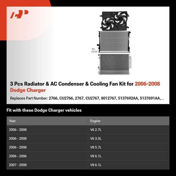 3 Pcs Radiator & AC Condenser & Cooling Fan Kit for 2006-2008 Dodge Charger