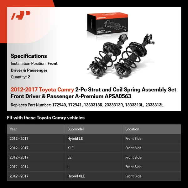 2012-2017 Toyota Camry 2-Pc Strut and Coil Spring Assembly Set Front Driver & Passenger A-Premium APSA0563