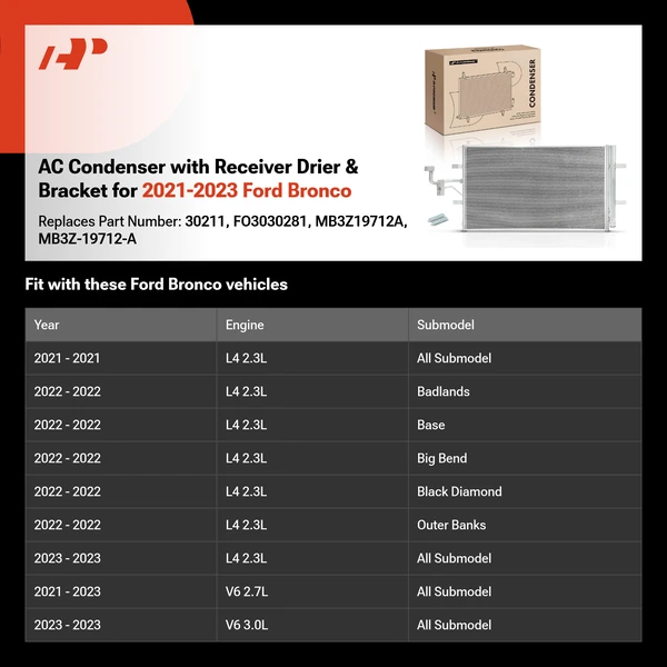 AC Condenser with Receiver Drier & Bracket for 2021-2023 Ford Bronco
