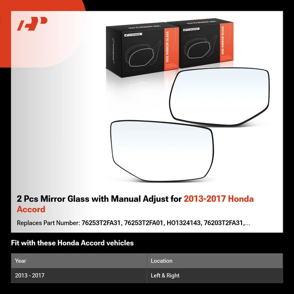 2 Pcs Mirror Glass with Manual Adjust for 2013-2017 Honda Accord