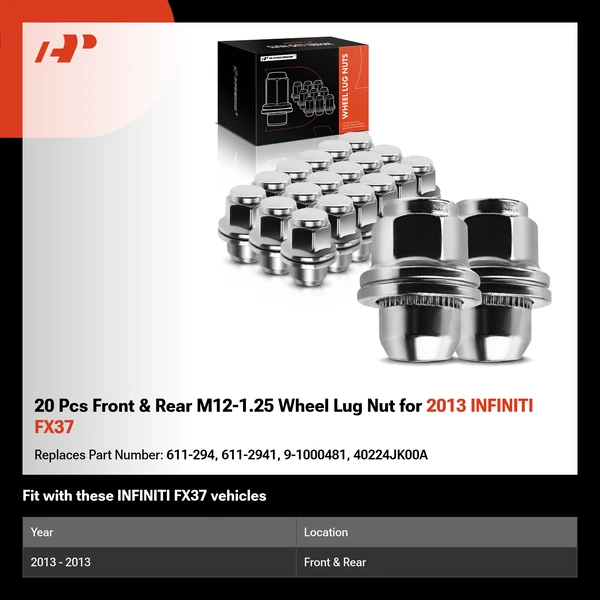 20 Pcs Front & Rear M12-1.25 Wheel Lug Nut for 2013 INFINITI FX37