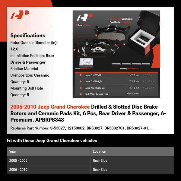 2005-2010 Jeep Grand Cherokee Drilled & Slotted Disc Brake Rotors and Ceramic Pads Kit, 6 Pcs, Rear Driver & Passenger, A-Premium, APBRPS343