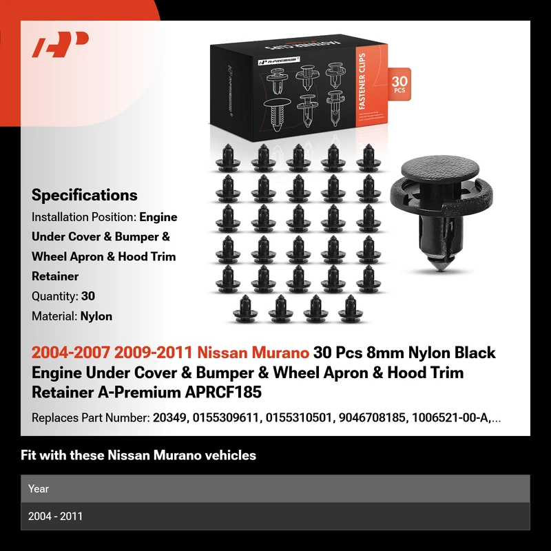 2004-2007 2009-2011 Nissan Murano 30 Pcs 8mm Nylon Black Engine Under Cover & Bumper & Wheel Apron & Hood Trim Retainer A-Premium APRCF185