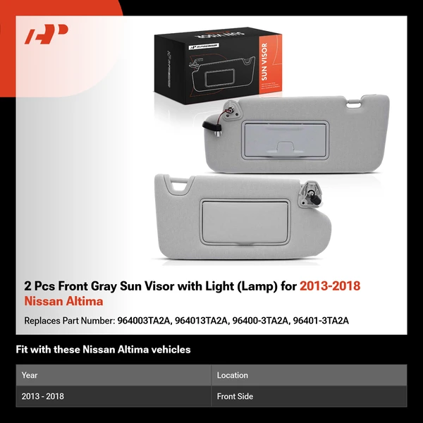 2 Pcs Front Gray Sun Visor with Light (Lamp) for 2013-2018 Nissan Altima