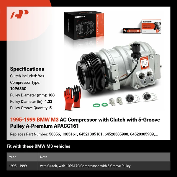 1995-1999 BMW M3 AC Compressor with Clutch with 5-Groove Pulley A-Premium APACC161
