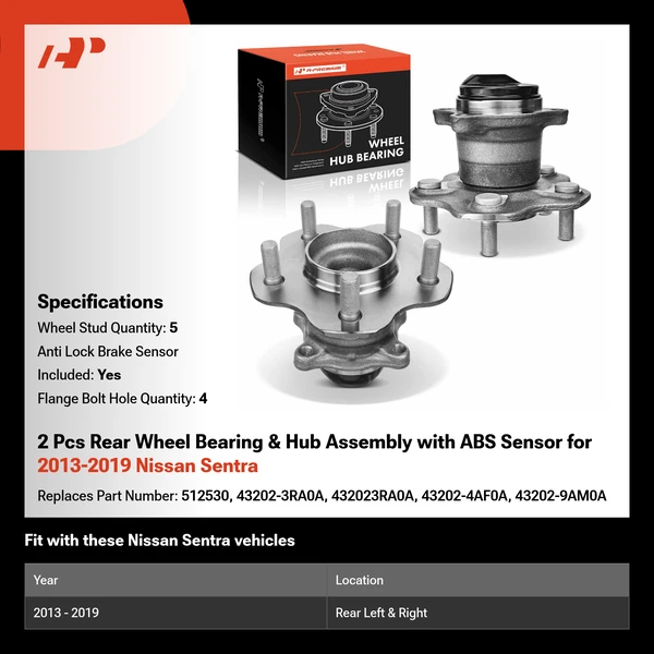2 Pcs Rear Wheel Bearing & Hub Assembly with ABS Sensor for 2013-2019 Nissan Sentra