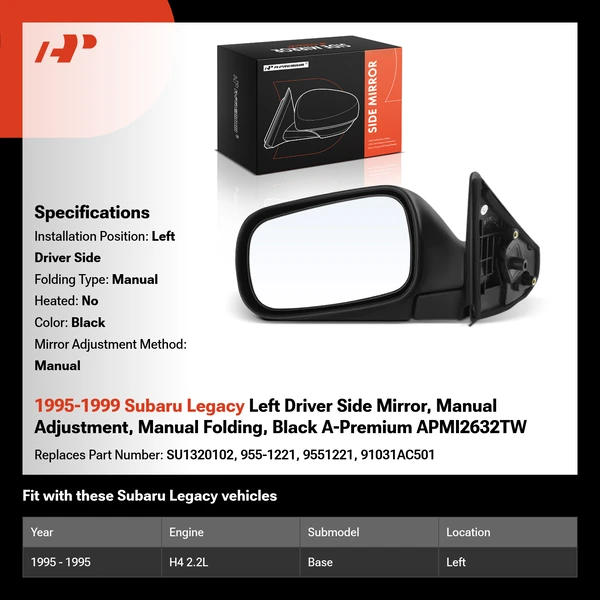 1995-1999 Subaru Legacy Left Driver Side Mirror, Manual Adjustment, Manual Folding, Black A-Premium APMI2632TW