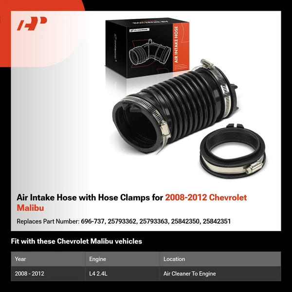 Air Intake Hose with Hose Clamps for 2008-2012 Chevrolet Malibu