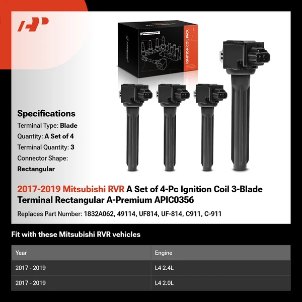 2017-2019 Mitsubishi RVR A Set of 4-Pc Ignition Coil 3-Blade Terminal Rectangular A-Premium APIC0356