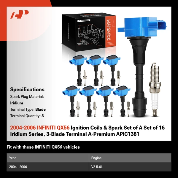 2004-2006 INFINITI QX56 Ignition Coils & Spark Set of A Set of 16 Iridium Series, 3-Blade Terminal A-Premium APIC1381